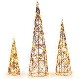 Set of 3 Pre-Lit Christmas Cone Trees - 60 Warm White LEDs, 32"/24"/16" Sizes, Brown Rattan 68689856