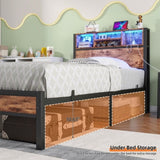 Twin Size Bed Frame with Storage Headboard, Metal Platform Bed with Charging Station, Bookcase W840P294072