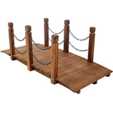 5 FT Wooden Garden Bridge, Stained Wood Arc Footbridge with Chain Railings for Backyard Creek Farm, W465P221155