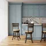24" Counter Height Slat Back Swivel Stool, Weathered Gray Finish, French Gray Leather Seat B04660700