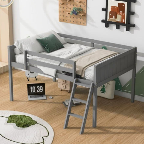 ZUN Full Size Wood Low Loft Bed with Ladder, ladder can be placed on the left or right, Gray WF531952AAE