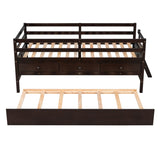 ZUN Low Loft Bed Twin Size with Full Safety Fence, Climbing ladder, Storage Drawers and Trundle Espresso WF312991AAP