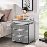 Mirrored Nightstand with 3 Drawers, Silver Nightstand with Crystal Inlay, Mirror End Table, Modern W1005P248529
