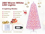 7 FT Pre-Lit Flocked Pink Christmas Tree with 8 Lighting Modes Warm White LED Lights, Hinged 48782658