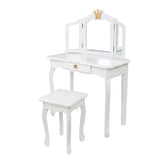 Children's Wooden Dressing Table Three-Sided Folding Mirror Dressing Table Chair Single Drawer White 07586825