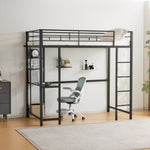 ZUN Twin Size Metal Loft Bed with Desk and Storage Shelves, 2 Built-in Ladders & Guardrails, Loft Bed 24084239