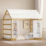 Wooden Twin Size House Bed with Fence and Roof, Kids Floor Bed with Two Movable Wardrobes, Natural N733P240134M