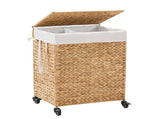 100L 2-Section Laundry with Lid and Wheels, Woven Natural Water Hyacinth Rolling Laundry 17904538
