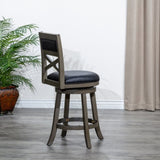 ZUN 30" Bar Height X-Back Swivel Stool, Weathered Gray Finish, Black Leather Seat B04660725