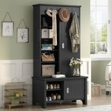 ZUN Multifunctional Hall Tree with Sliding Doors, Wooden Hallway Shoe Cabinet with Storage Bench and 46580291