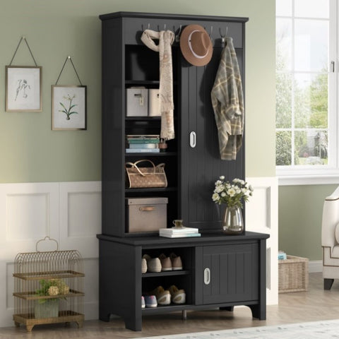 ZUN Multifunctional Hall Tree with Sliding Doors, Wooden Hallway Shoe Cabinet with Storage Bench and 46580291