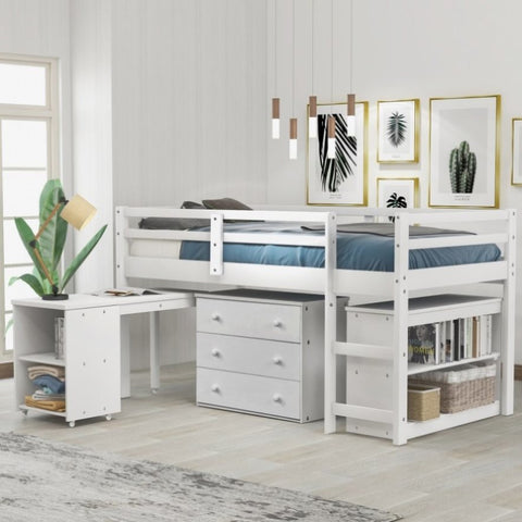 ZUN Low Study Twin Loft Bed with Cabinet and Rolling Portable Desk - White 09527579