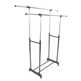 ZUN Dual-bar Vertical & Horizontal Stretching Stand Clothes Rack with Shoe Shelf YJ-04 Black & Silver 95408394