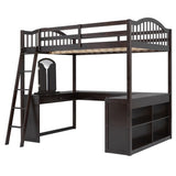Full Wooden Loft Bed with U-shaped Desk,Storage Compartments and Tri-fold Mirror, Espresso 27628396