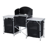 ZUN Aluminum Portable Camping Kitchen Fold-Up Cooking Table With Windscreen and 3 Enclosed Cupboards for 81814238