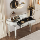 47" Half-Moon Mirrored Console Table with Fluted Glass & Crystal Knob Drawer - Silver Entryway W1445P322849