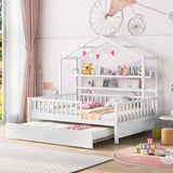 ZUN Wooden Full Size House Bed with Twin Size Trundle,Kids Bed with Shelf, White 90541067