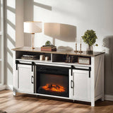 58" White Wash & Brown Top Barn Door Fireplace TV Stand for 23" Insert, Sliding Track Design 65998753