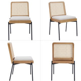 Mid-Century Dining Chairs Set of 2, Accent Linen Fabric Side Chairs with Rattan Backrest Metal Legs W3244P296486