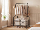 3-in-1 Rolling Clothes Rack with Storage Basket & Hooks, Metal Garment Rack for Laundry Bedroom 30051381
