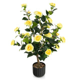 2 PCS 38 Inch Artificial Camellia Tree Faux Flower Plant in Cement Yellow 46836016
