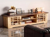 57.87 Inch TV Stand with Deep Brown Top & Natural Wood Cabinet - Double Glass Door Media Console, 81661813