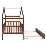 Twin Size Wooden House Bed with Twin Size Trundle, Walnut WF302178AAL