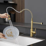 Kitchen Faucet with Pull Down Sprayer Brushed Gold Stainless Steel Single Handle Pull Out Spring W1932P224874