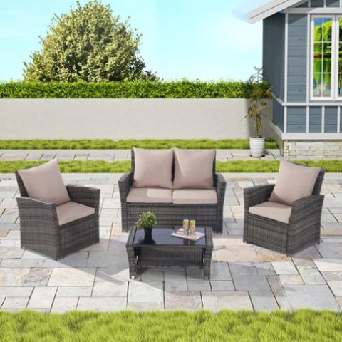 ZUN 4 Pieces Outdoor Patio Furniture Sets Garden Rattan Chair Wicker Set, Poolside Lawn Chairs with W874P146982