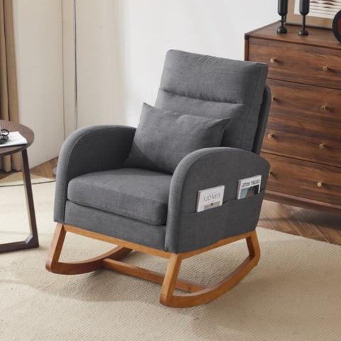 ZUN Grey Linen Rocking Chair Nursery with Thick Headrest, Upholstered Mid-Century Modern Nursing Rocker 63269617