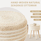 ZUN Amazon Shipping Round Ottoman Footstool Natural Seagrass Foot Stool Pouf Ottomans with Solid Wood 03829359
