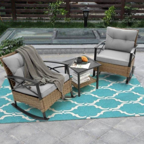 ZUN 3pcs rocking rattan set wholesale leisure chair outdoor rattan rocking chair set grey W640134152