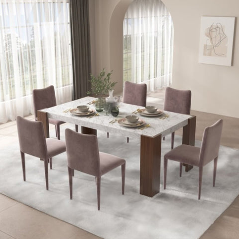 ZUN ACME Hettie Dining Table, Engineering Stone & Brown Finish DN02157