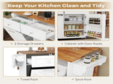 White Mobile Kitchen Island Cart with Drop-Leaf Design, Lockable Universal Wheels & Trash Storage 84900576