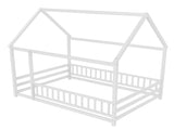 Full Size Floor Wooden Bed with House Roof Frame, Fence Guardrails,White W1858P389981