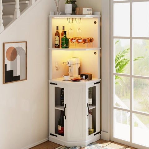 ZUN 67.7" Corner Bar Cabinet with Power Outlet, Farmhouse Wine Bar Cabinet with Adjustable Shelves for WF323408AAK