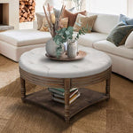 ZUN Large Round WaterProof Ottoman Coffee Table 2 Tier Oversized Button Tufted Ottoman with Wooden Shelf W1445P235095