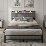 Queen Size Bed Frame with Charging Station, Upholstered Headboard, Metal Platform, Grey W1960131346