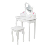 Children's Wooden Dressing Table Reversible Round Mirror Dressing Table Chair Three Drawers White 09401206