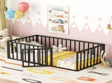 Twin Size Metal Floor Bed Frame with Fence and Door, Black MF307108AAB