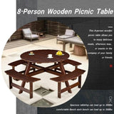 ZUN Outdoor 8 Person Picnic Table, 8 person Round Picnic Table with 4 Built-in Benches, Umbrella Hole, W2275P149765