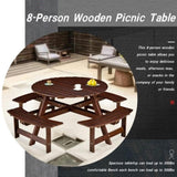Outdoor 8 Person Picnic Table, 8 person Round Picnic Table with 4 Built-in Benches, Umbrella Hole, W2275P149765