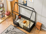 Twin Size Metal House Bed with Fence and Door, Black MF315932AAB