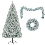 6FT Snow Flocked Christmas, Pre-Lit Set with & Garland & Wreath, Artificial Hinged Xmas 94870268