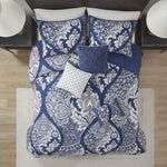 ZUN 6 Piece Printed Cotton Quilt Set with Throw Pillows Indigo Full/Queen B03597520