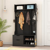 Hall Tree with 6 Hooks,Coat Hanger, Entryway Bench, Storage Bench,for Entrance, Hallwa,black W1321P190220