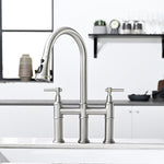 ZUN 3 Hole Brushed Nickel Bridge Kitchen Faucet with Down Sprayer,2 Handle Faucet for Kitchen Sinks W1932P186913