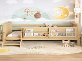 Twin Size Floor Bed with Storage Bookcases, Solid Wood Kids Floor Bed with Cute Stairs and W1580P430184