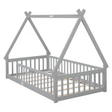 Twin Tent-shaped Floor Bed, Teepee Bed with Guardrails, Slats,Grey W504119495