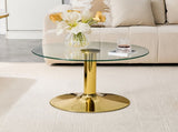 27.5-inch diameter round tempered glass coffee table. 17.7 inches high, supported by a golden metal W1151P439524